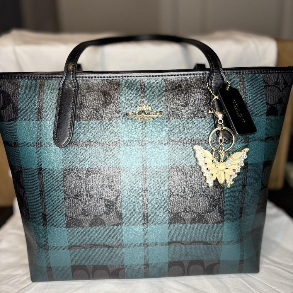 Coach green and black plaid tote bag with butterfly charm #preppy